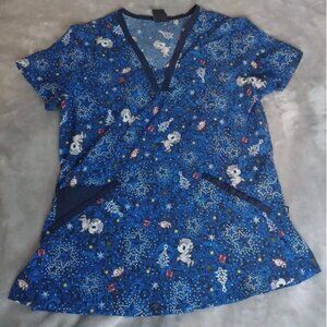 Blue TokiDoki KOI Christmas Scrub Top Sz Small Unicorn Tree Presents Stretchy